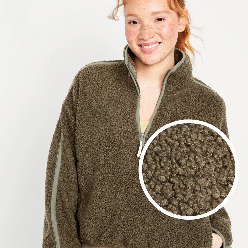 NWT OLD NAVY Cropped Sherpa 1/4-Zip Pullover Color: Heritage Green